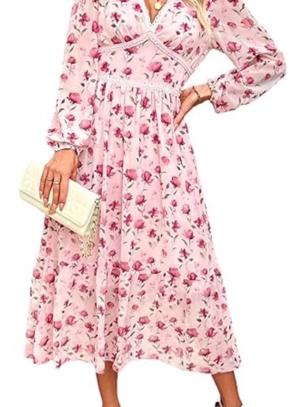 Pink Floral V-Neck Long Sleeve Maxi Dress